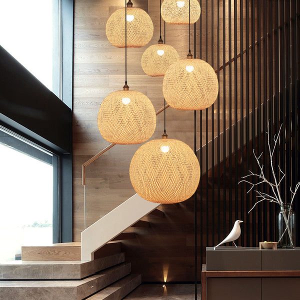 Retro Rattan Bambus Pendelleuchten Hand Woven Spherical Treppenhaus Beleuchtung